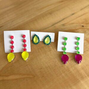 Three Pairs Of Fun Colourful Rhinestone Earrings Costume Jewellery